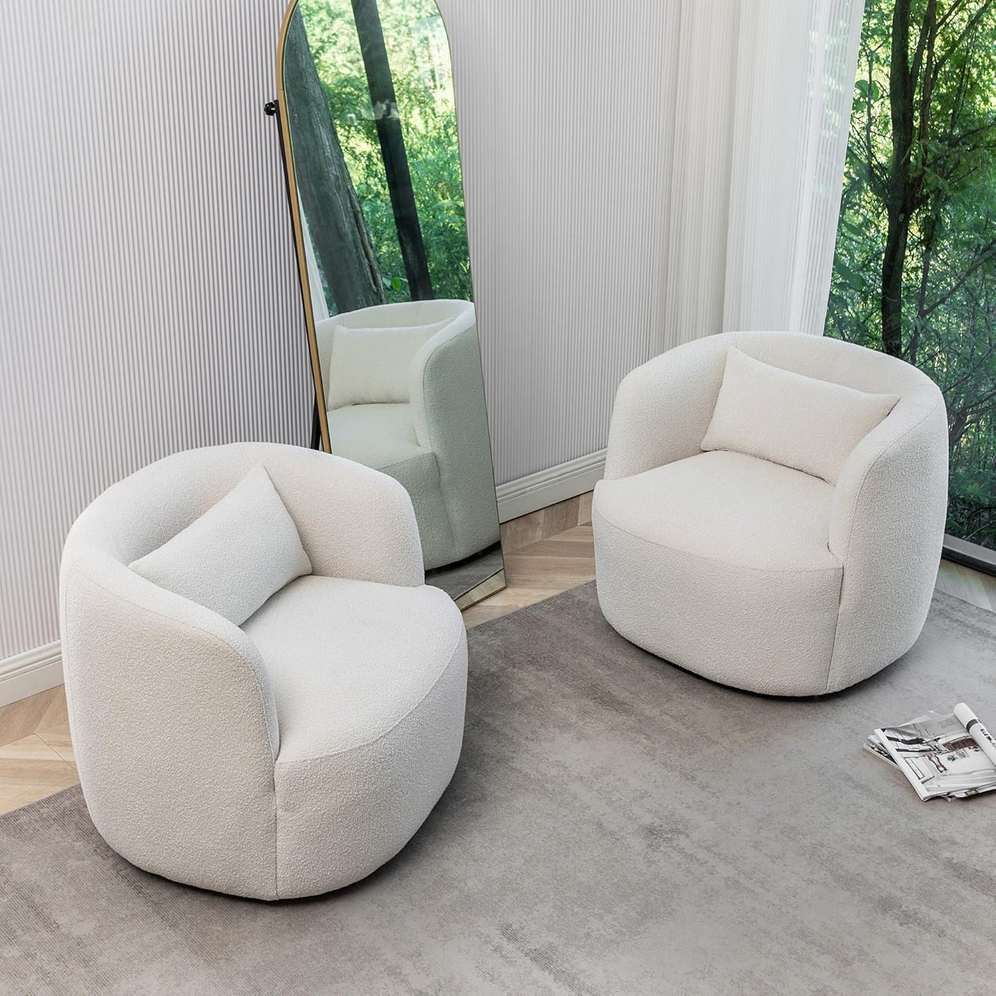 KINWELL 34" Wide Boucle Swivel Barrel Chairs Set of 2, No Assembly Round Upholstered Armchairs