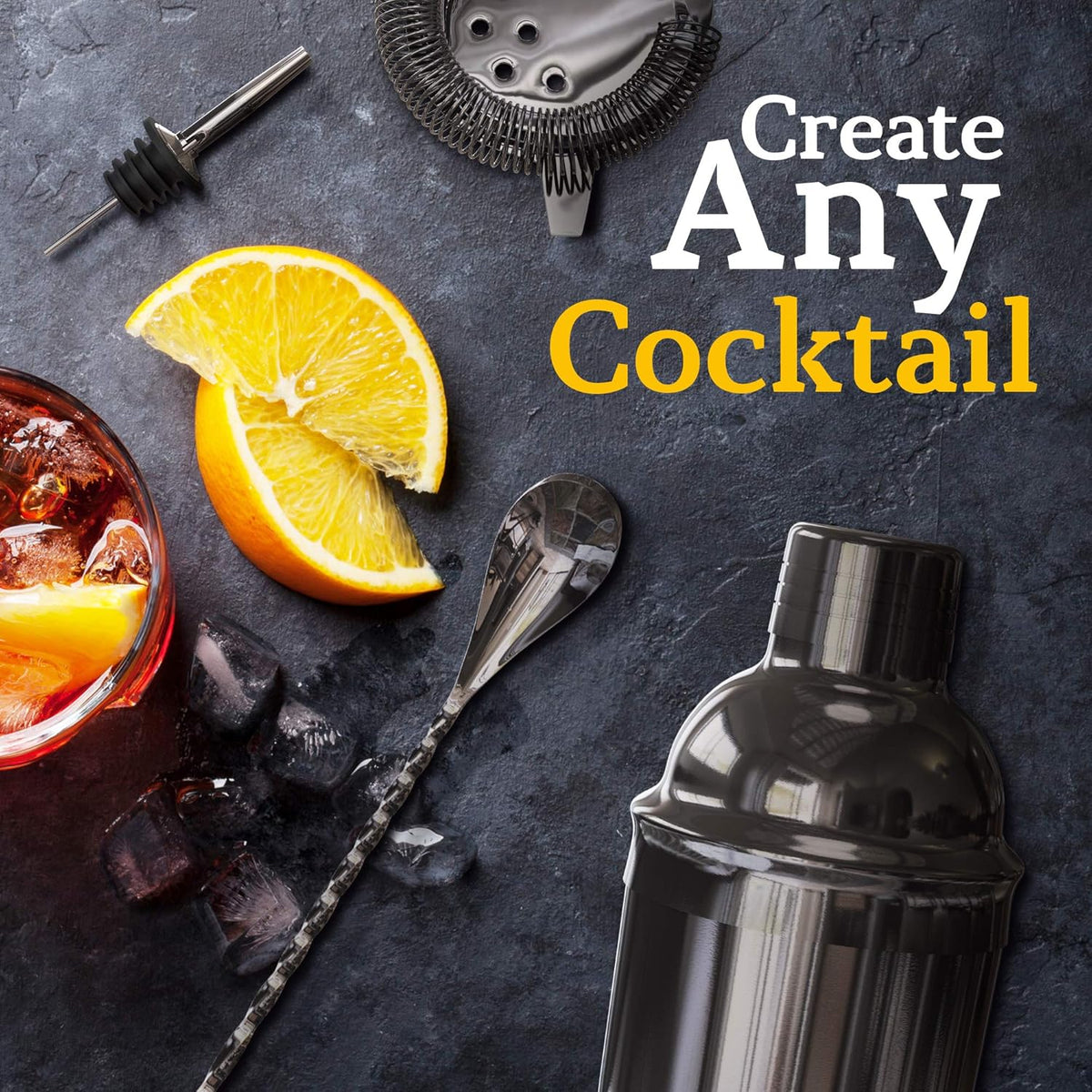 Highball & Chaser 13-Piece Cobbler Cocktail Shaker Set: Black Polished Stainless Steel Bartender