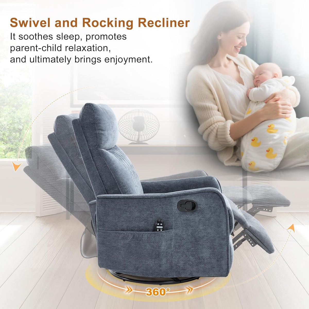 Manual Swivel Rocker Recliner Chair for Adults, Overstuffed Reclining Glider Chair for Nursing with