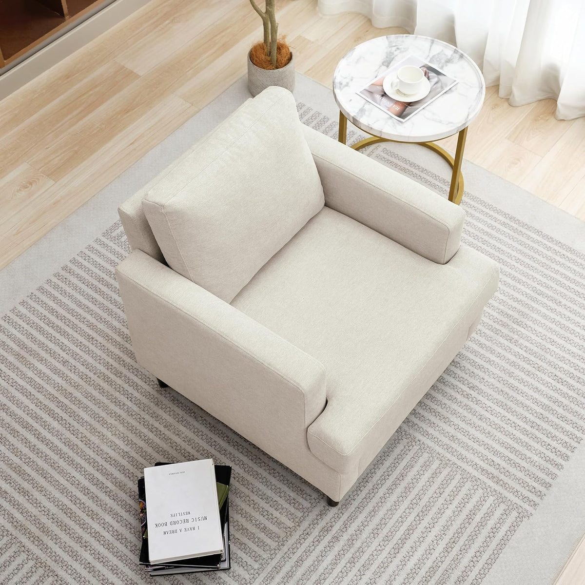 Mid-Century Accent Chair,Modern Linen Fabric Armchair for Living Room,Comfy Upholstered Reading