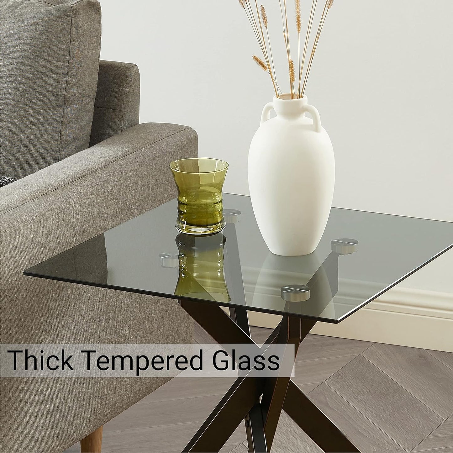 Modern Style Square Side Table with Grey Tempered Glass Top and Black Metal Tubular Legs with Gold