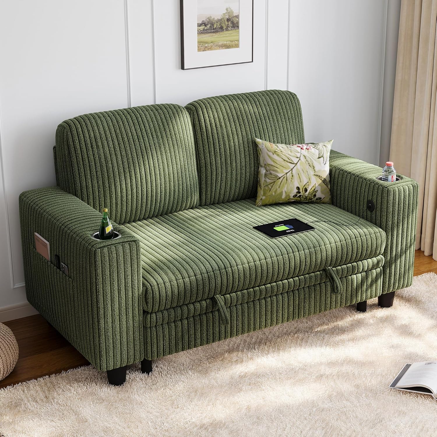 LINSY HOME Loveseat Sofa with Storage - Comfy Plush Corduroy 2 Seater Sofa with USB Charging & Cup