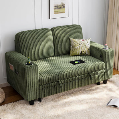 LINSY HOME Loveseat Sofa with Storage - Comfy Plush Corduroy 2 Seater Sofa with USB Charging & Cup