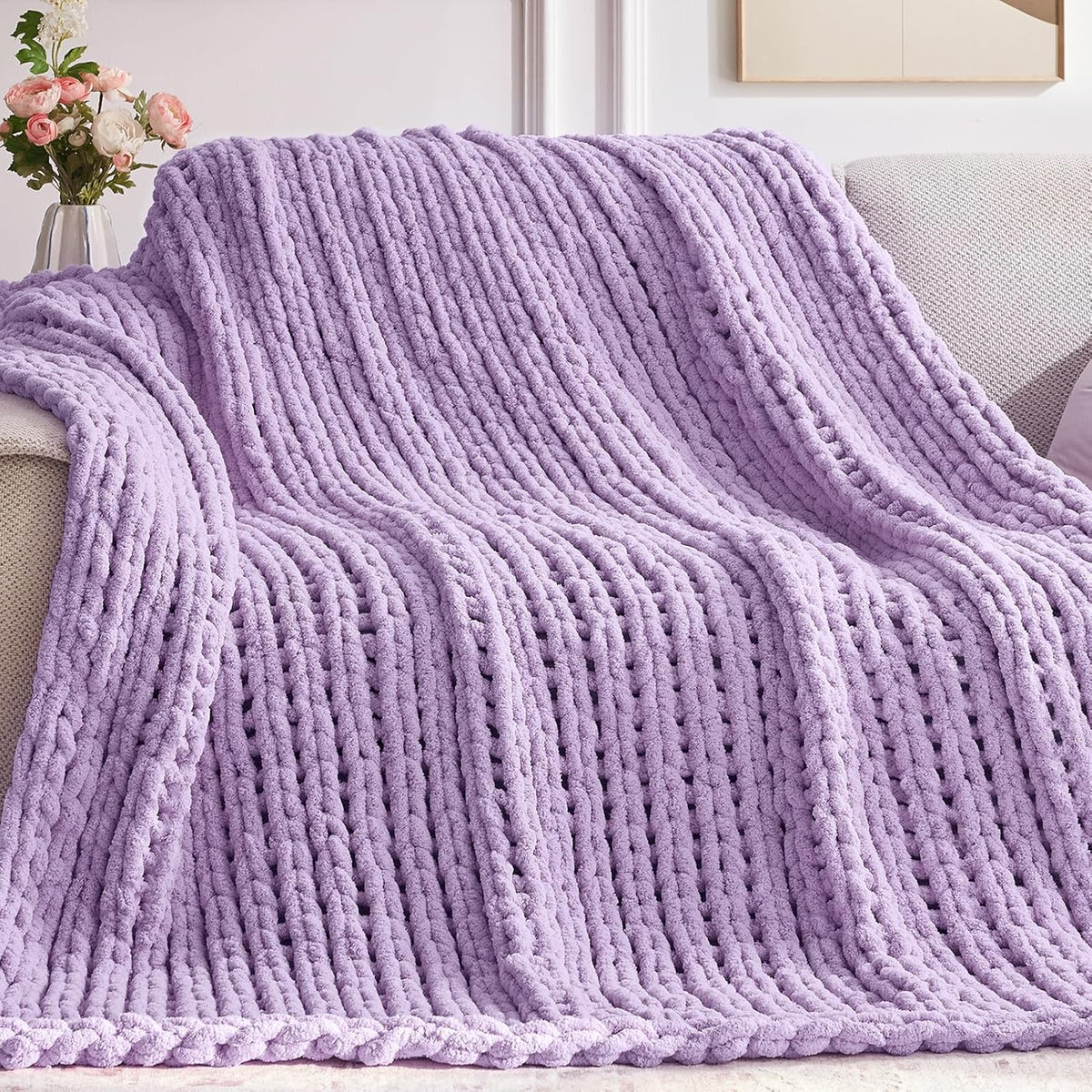 Chunky Knit Throw Blanket, 40''*50'' Knitted Throw Chenille Yarn for Bed Couch, Handmade Light