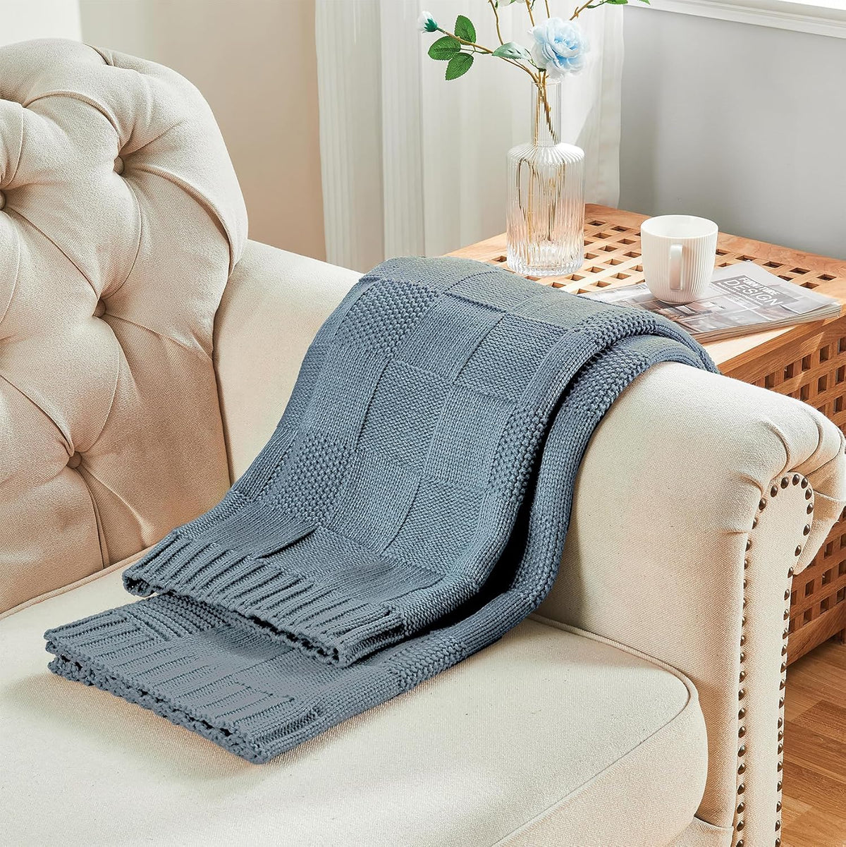 CozeCube Check Knit Throw Blanket, Dusty Blue Checkered Throw for Couch, Decorative Christmas Soft