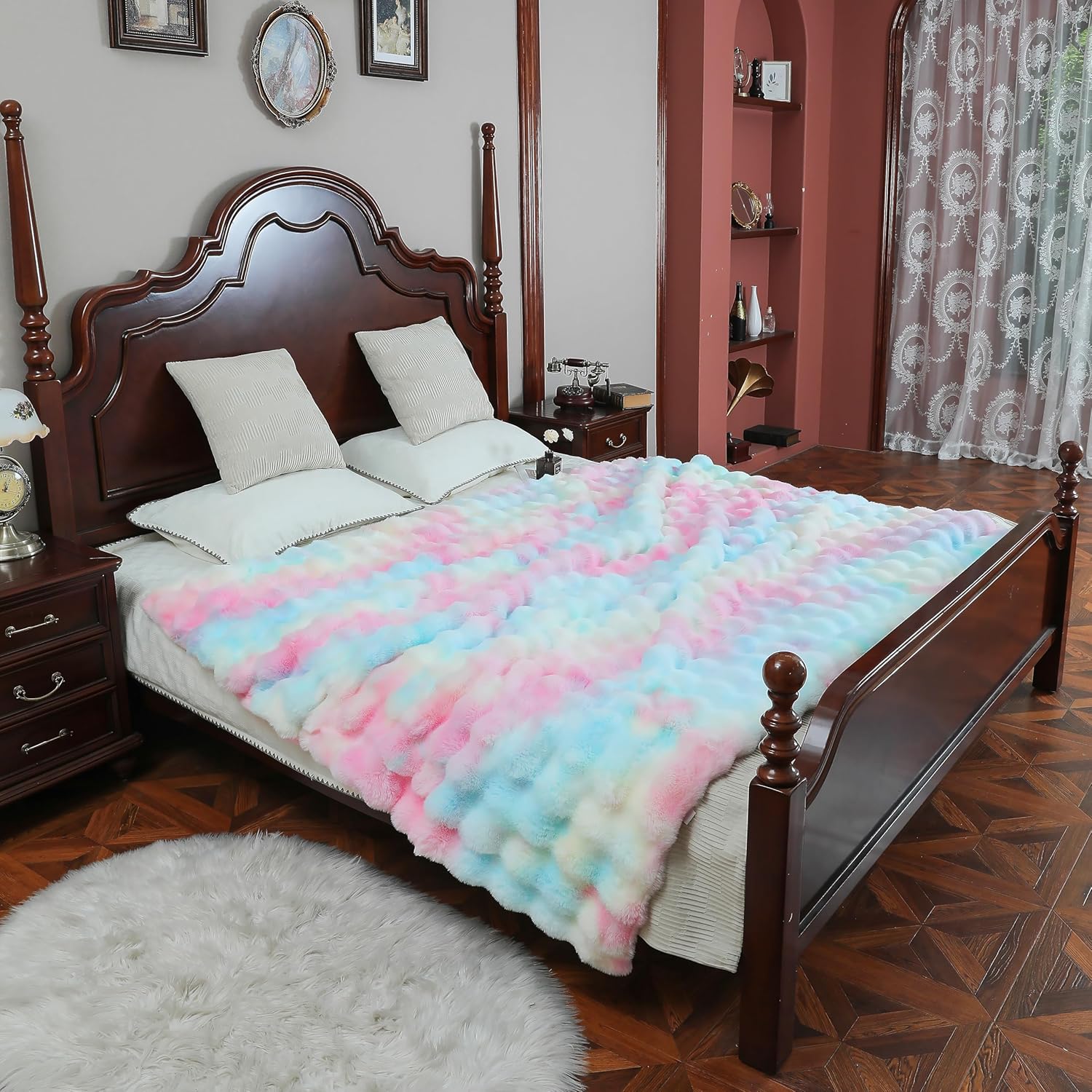 UKELER Colorful Faux Fur Throw Blanket Twin Size, Large Super Soft Fluffy Bed Blankets Throws for