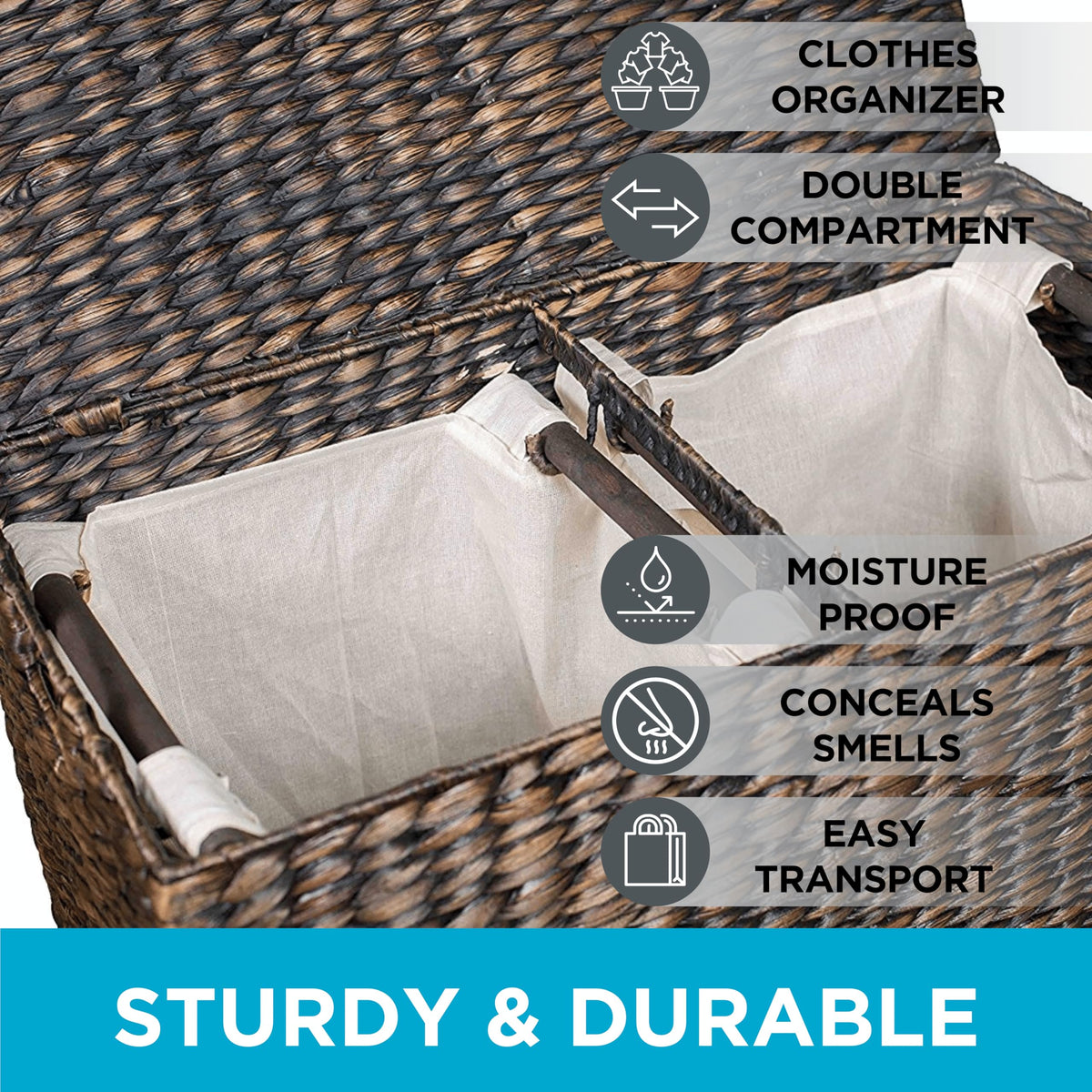 BirdRock Home Water Hyacinth Laundry Hamper Divided Interior (Espresso) | Eco-Friendly | Made of