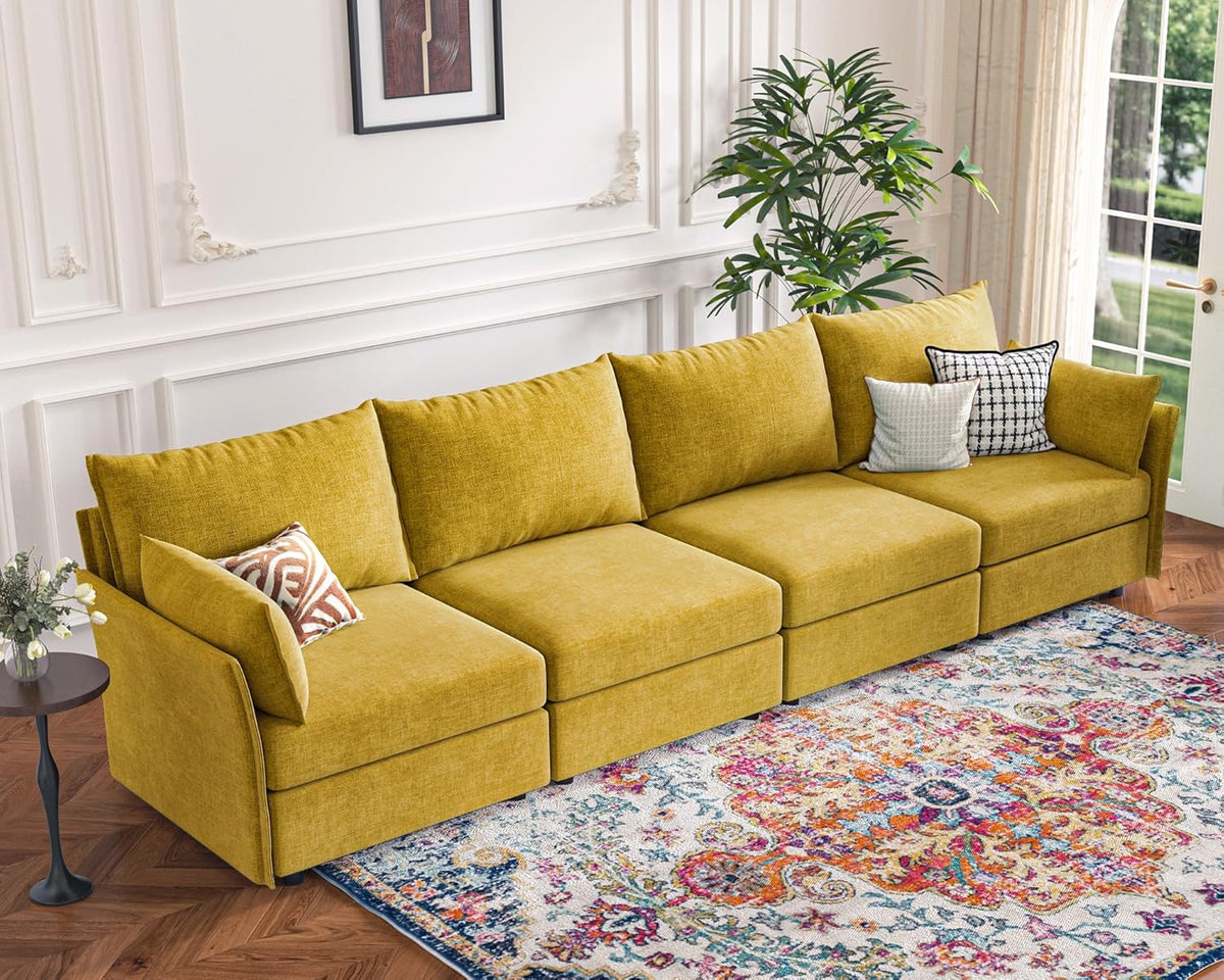 134.6" Modular Sectional Sofa, Oversized 4 Seater Couch with Removable Yellow Chenille Fabric