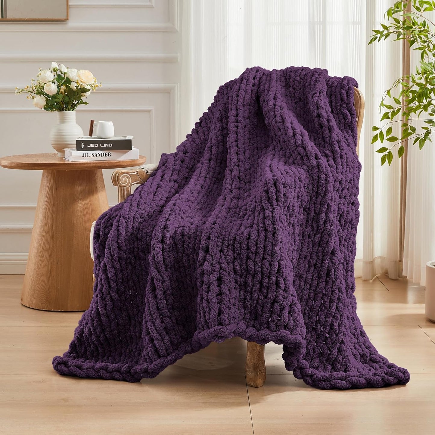 Carriediosa Chunky Knit Throw Blanket 60" X 80" Twin, 100% Hand Made Large Chenille Loop Yarn Soft
