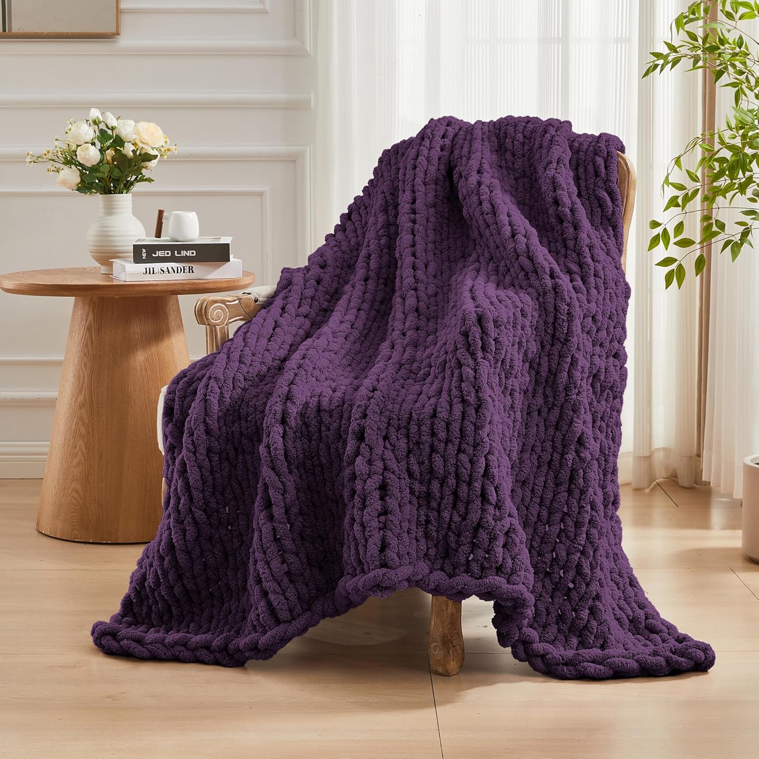 Carriediosa Chunky Knit Throw Blanket 60" X 80" Twin, 100% Hand Made Large Chenille Loop Yarn Soft