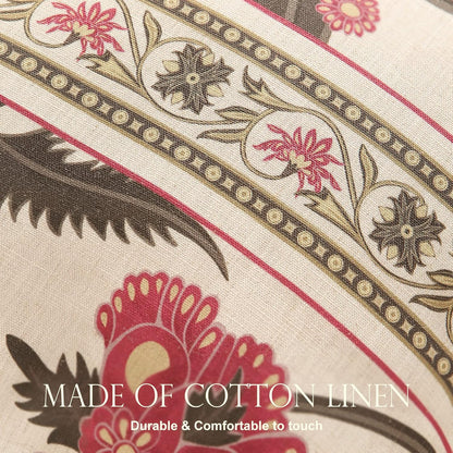 patdrea Designer Throw Pillow Covers Set of 4,Vintage Red Linen Pillowcases with Flower and Birds