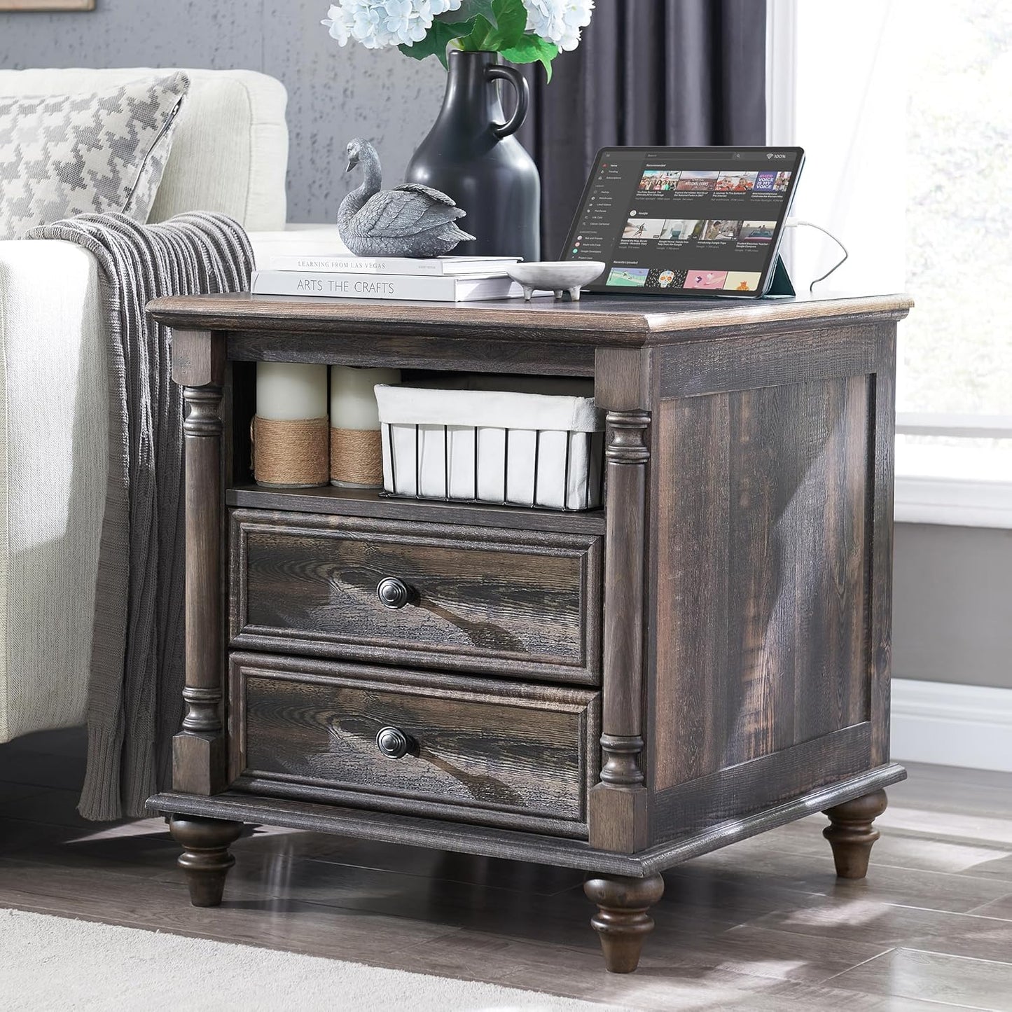 T4TREAM 24'' Farmhouse End Table w/4 Solid Wood Feet, Large 2 Drawers Wide Sofa Side Table with
