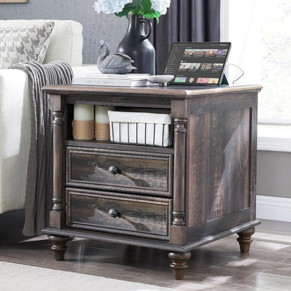 T4TREAM 24'' Farmhouse End Table w/4 Solid Wood Feet, Large 2 Drawers Wide Sofa Side Table with