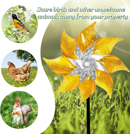 Hausse 10 Pack Reflective Pinwheels with Stakes, Extra Sparkly Pin Wheel for Garden Decor, Bird