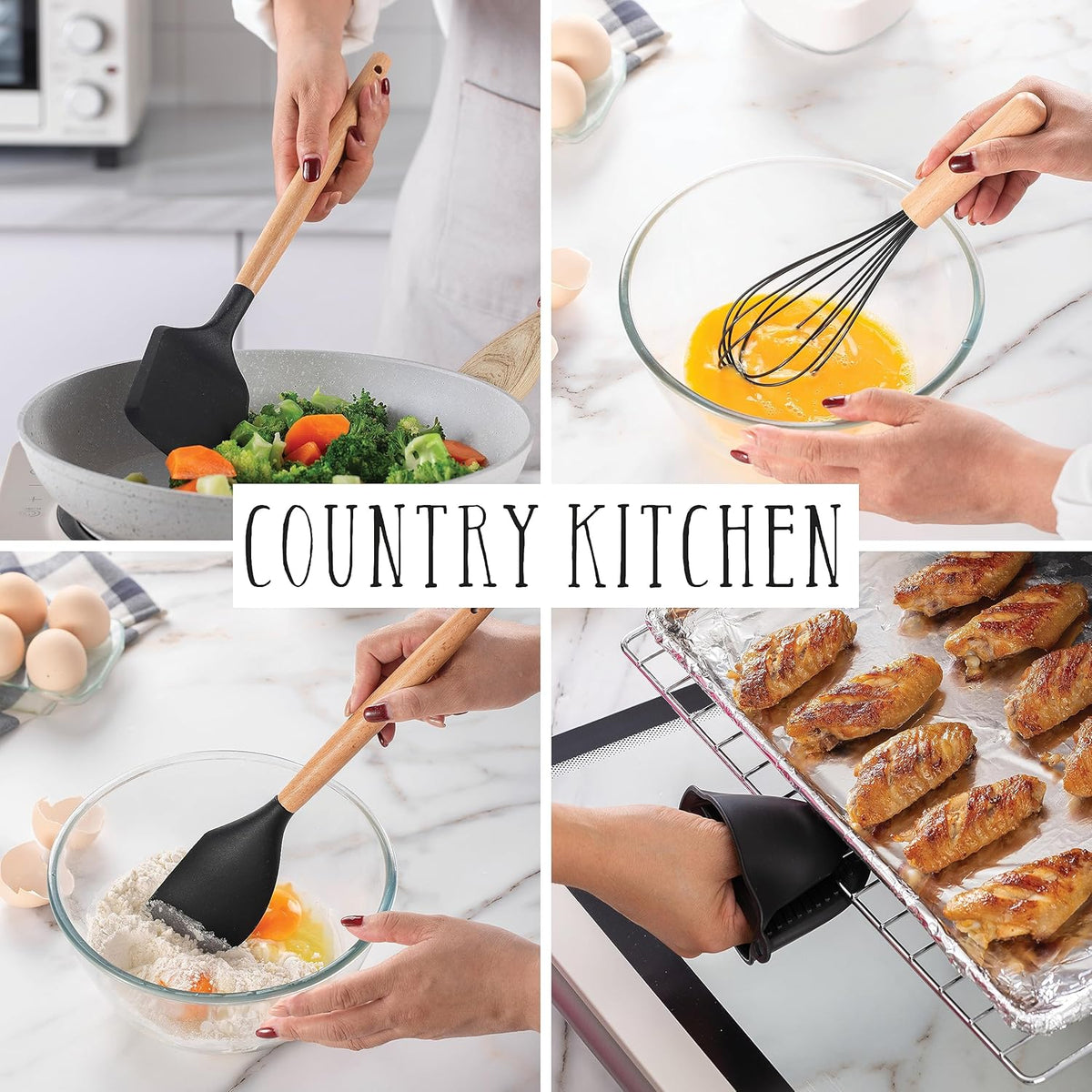 Country Kitchen Non Stick Silicone Utensil Set with Rounded Wood Handles for Cooking and Baking, 38