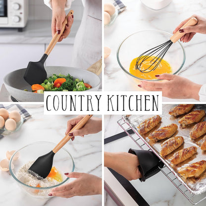 Country Kitchen Non Stick Silicone Utensil Set with Rounded Wood Handles for Cooking and Baking, 38