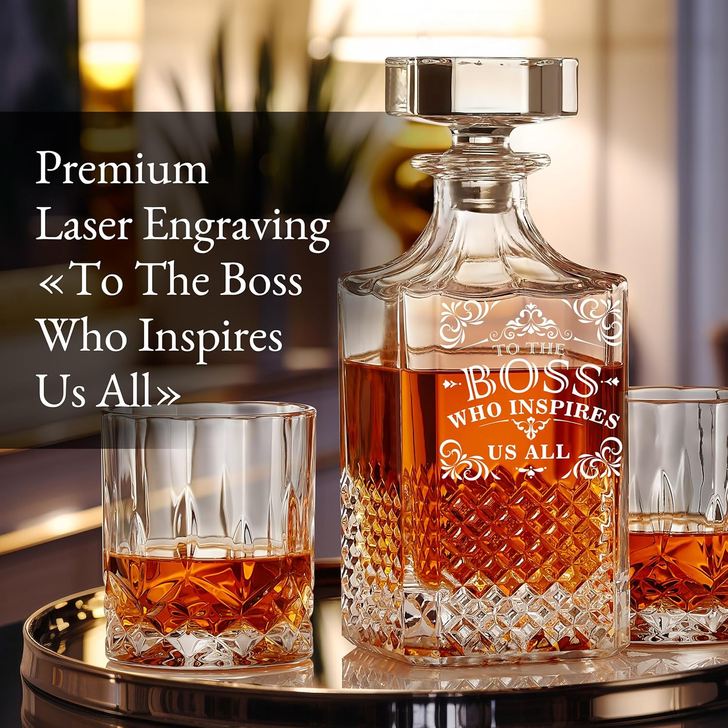 Luxury Gift For Boss - Boss Who Inspires Us All - Unique Engraved Whiskey Decanter Set For The