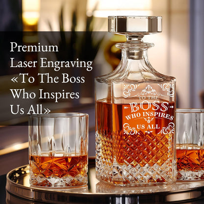 Luxury Gift For Boss - Boss Who Inspires Us All - Unique Engraved Whiskey Decanter Set For The