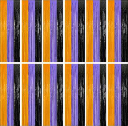 12 Pack Halloween Decor, 3.28 FT x 7.05 FT Orange Purple Black Fringe Curtains, Funny Wall Backdrop