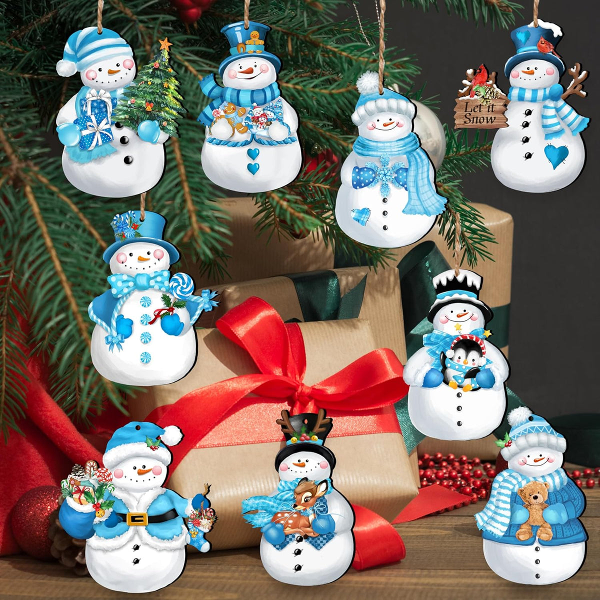 24 Pieces Christmas Snowman Wooden Ornaments Wood Hanging Decoration Set for Christmas Tree Hanging