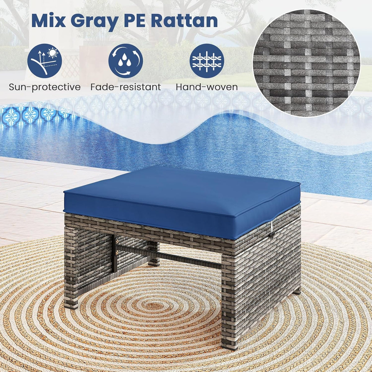 Tangkula 2 Pieces Patio PE Rattan Ottomans, Multipurpose Outdoor Footstool Footrest Additional