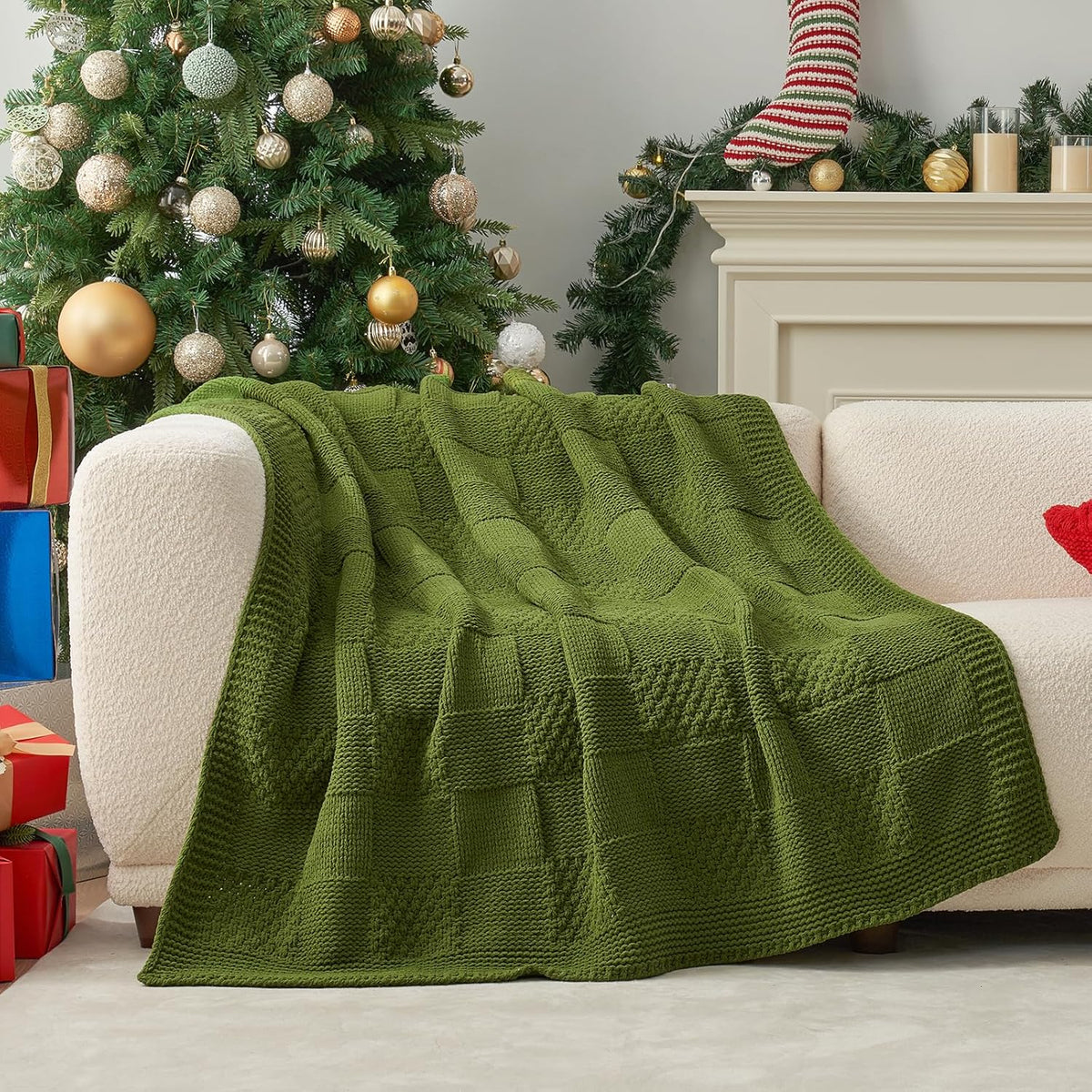 Amélie Home Chenille Knit Throw Blanket for Couch, Checkered Texture Decorative Soft Blanket for