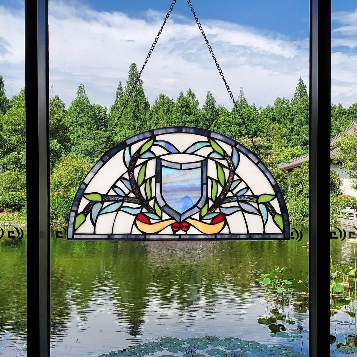 YOURANJU Half Moon Stained Glass Window Hanging Tiffany Style 16" x 8" Half-Round Window Panel