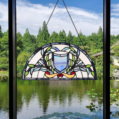 YOURANJU Half Moon Stained Glass Window Hanging Tiffany Style 16" x 8" Half-Round Window Panel