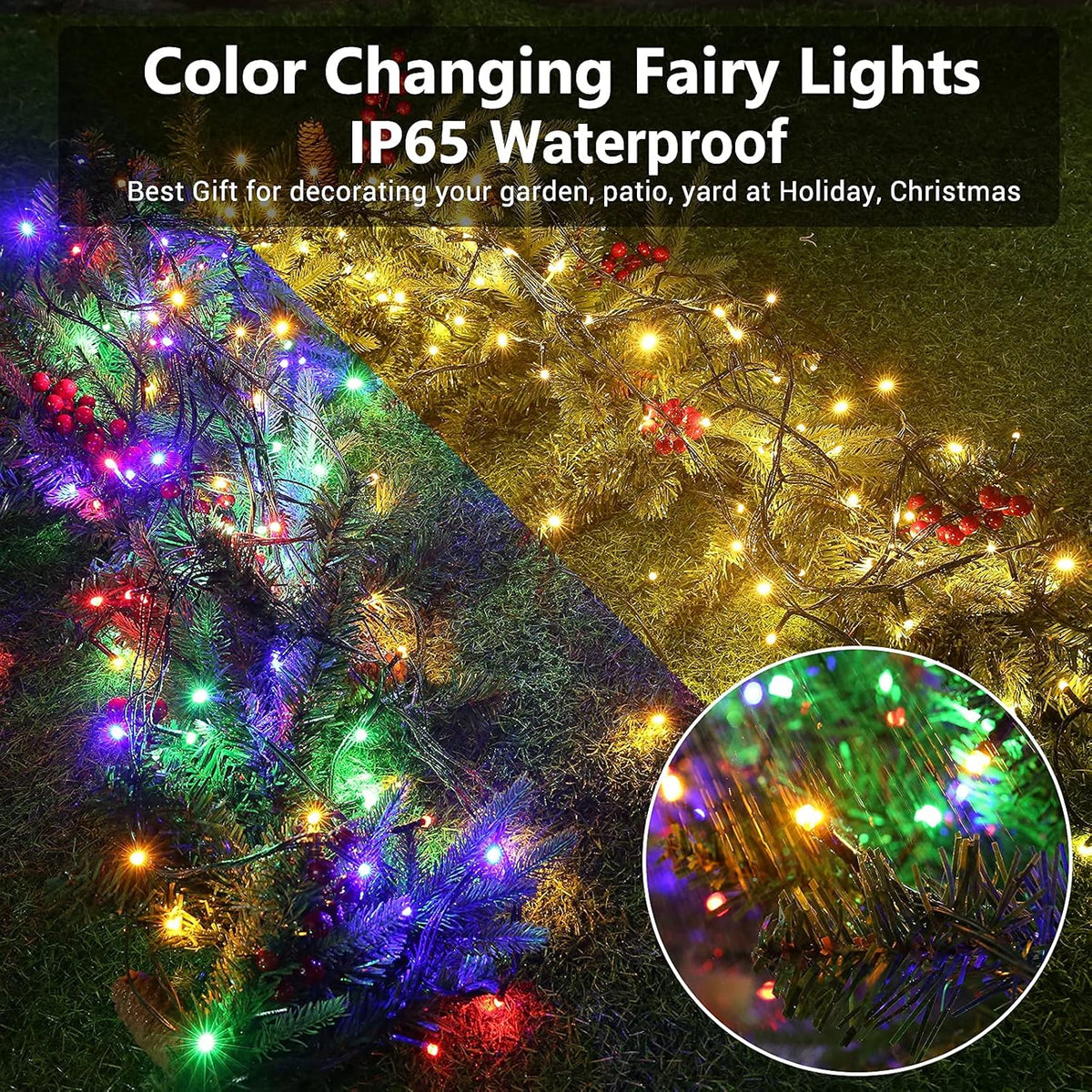 Joomer Color Changing Christmas Lights, 2 Pack Total 144FT 400 LED 12 Modes Solar String Lights