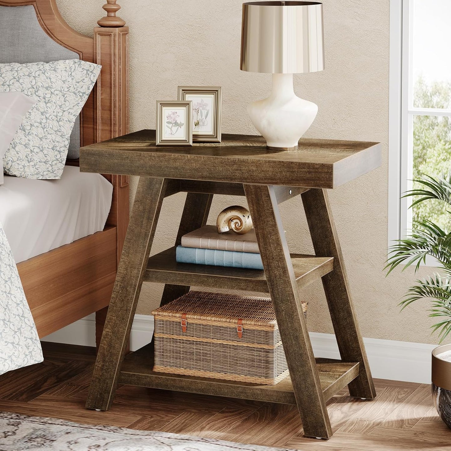 Tribesigns Small Wood End Table, 3-Tier Farmhouse Narrow Couch Side Table with Storage, Vintage