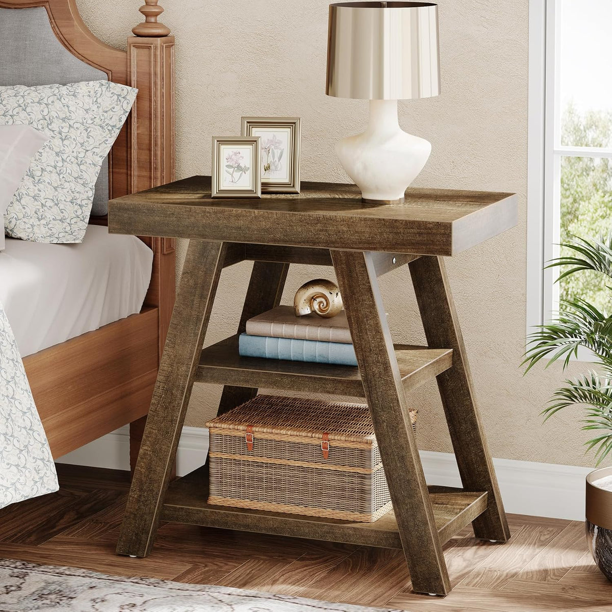 Tribesigns Small Wood End Table, 3-Tier Farmhouse Narrow Couch Side Table with Storage, Vintage