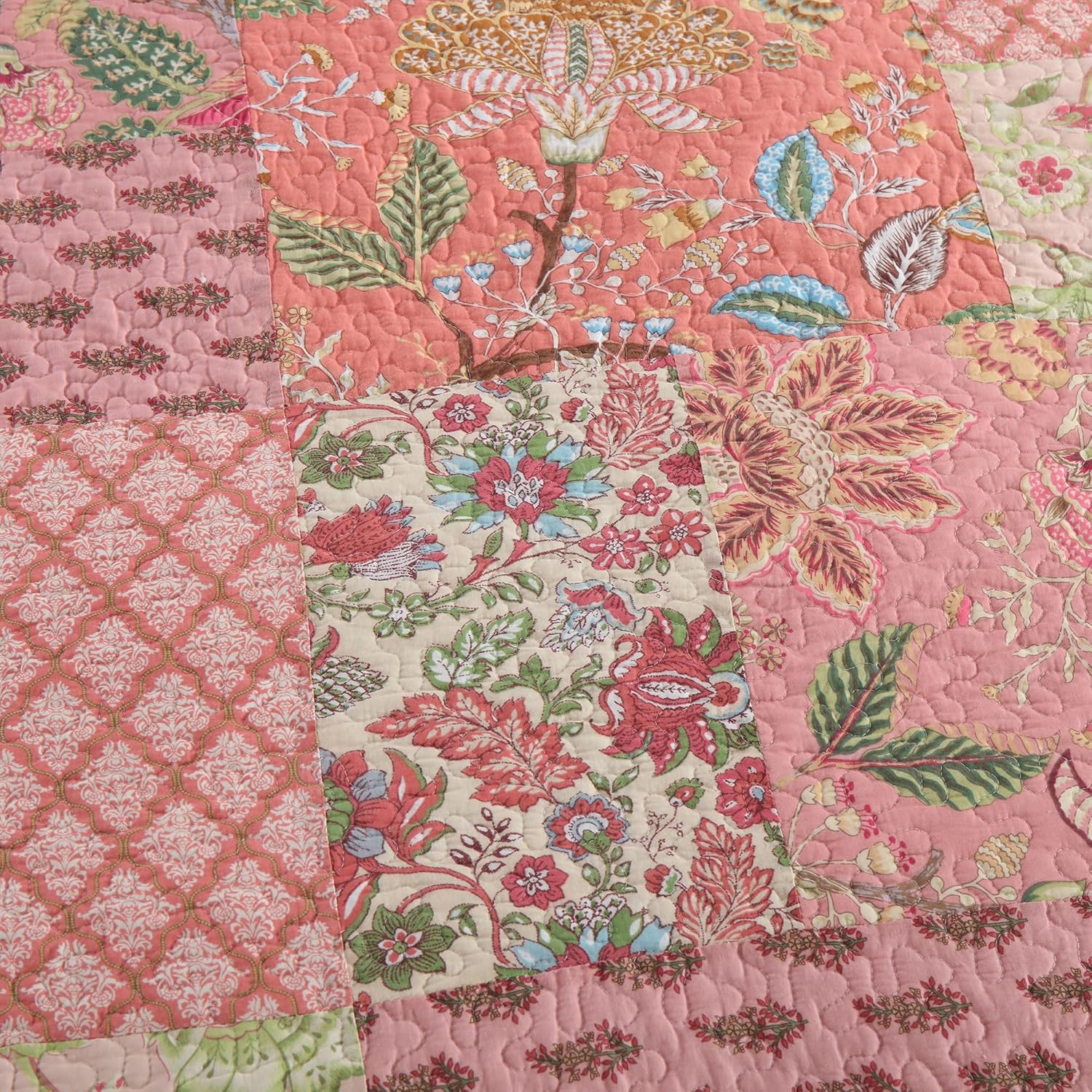 NEWLAKE Cotton Patchwork Bedspread, 3-Piece Bedding Quilt Set with Real Stitched Embroidery