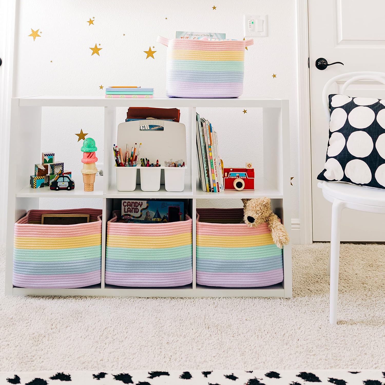 OrganiHaus Set of 3 Rainbow Woven Storage Baskets for Organizing, Cotton Rope Organizer Bins for