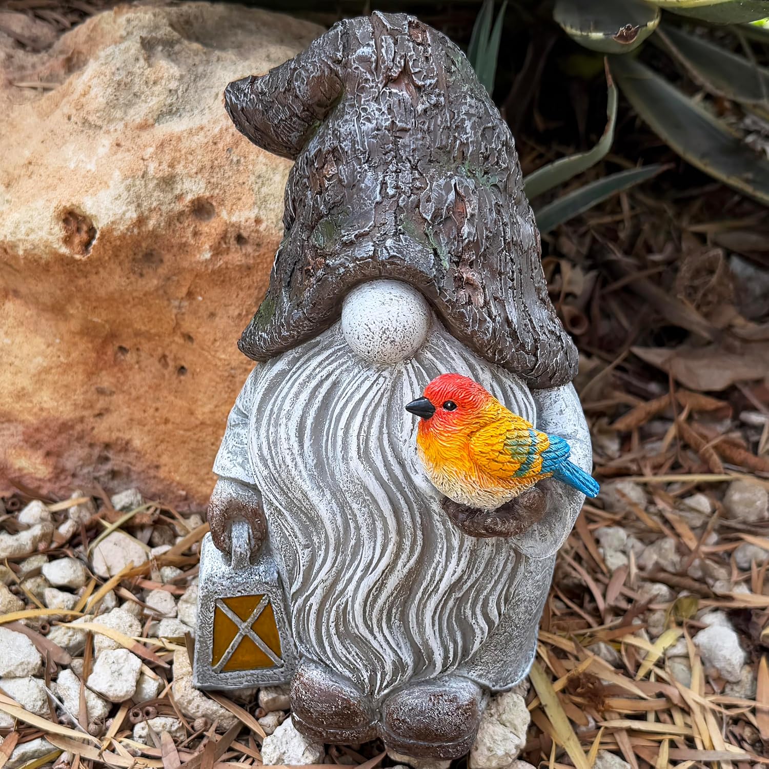 Mood Lab Garden Gnome - Stone Gnome Figurine - 9.1 Inch Tall Lawn Statue with Bird - for Outdoor or