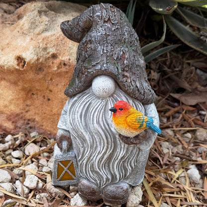 Mood Lab Garden Gnome - Stone Gnome Figurine - 9.1 Inch Tall Lawn Statue with Bird - for Outdoor or