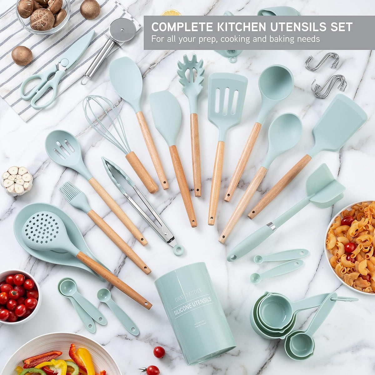 Country Kitchen Non Stick Silicone Utensil Set with Rounded Wood Handles for Cooking and Baking, 38