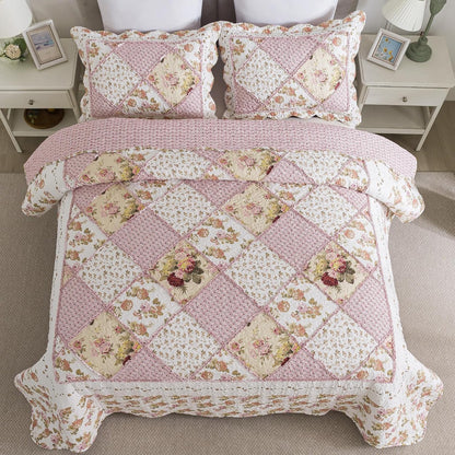 NEWLAKE Quilt Set King Size, Bedspread Sets Pink Botanical Floral, Reversible Quilt Bedding Set
