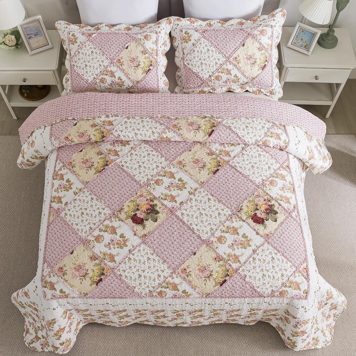 NEWLAKE Quilt Set Queen Size, Bedspread Sets Pink Botanical Floral, Reversible Quilt Bedding Set