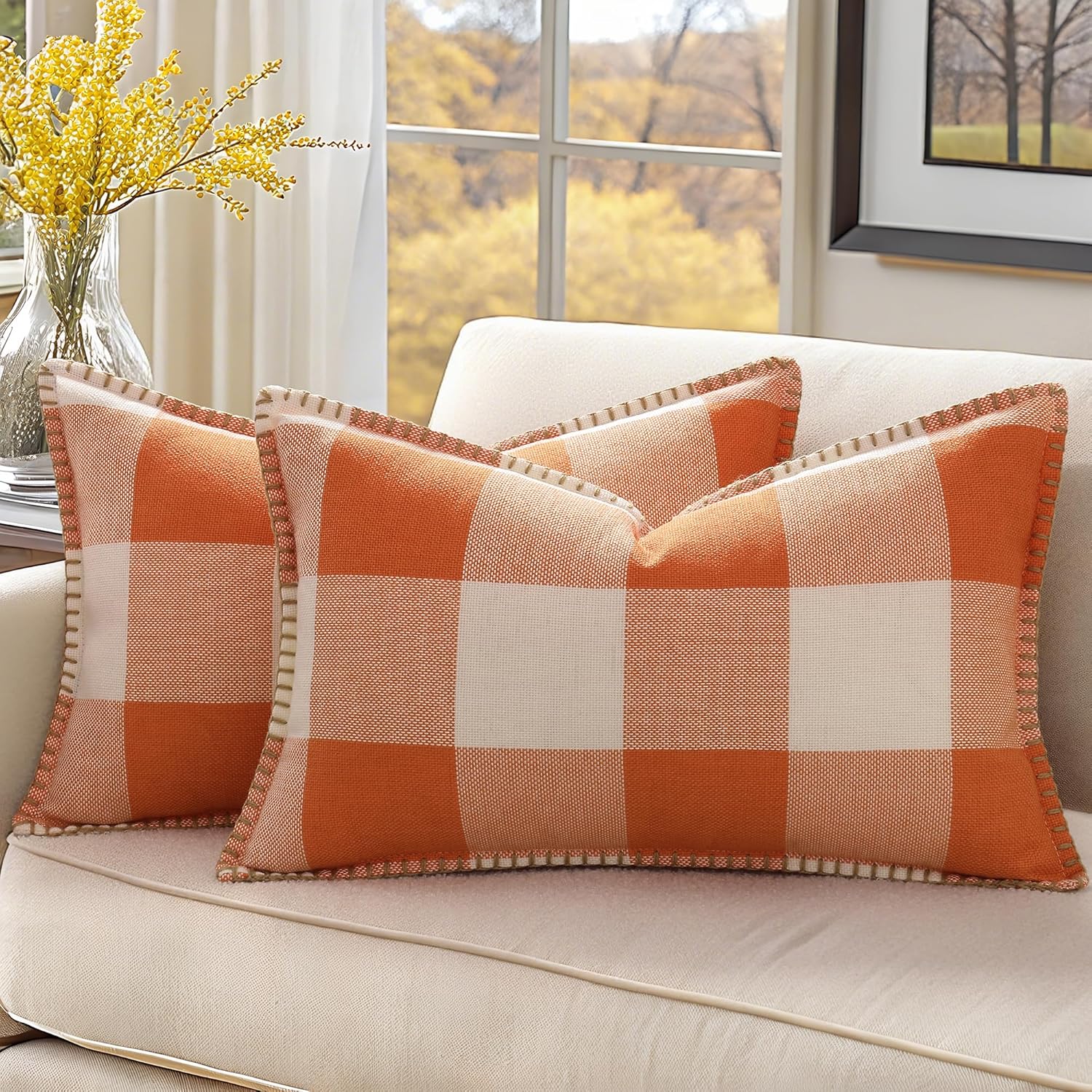 decorUhome Fall Orange and White Decorative Throw Pillow Covers 12x20 Set of 2, Lumbar Buffalo