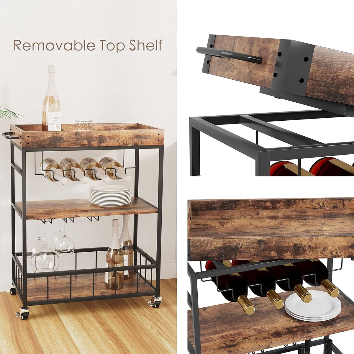 Bar Cart Serving Wine 3 Tier Home Rolling Rack with Wheels Mobile Kitchen Industrial Vintage Style