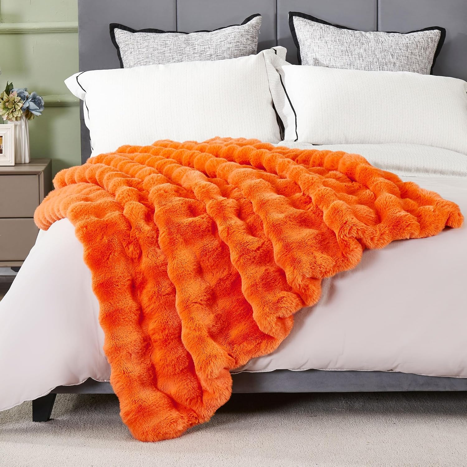 DREAMNINE Large Fuzzy Soft Fall Bubble Faux Rabbit Fur Blanket Full Size 70" x 80", Luxury Big