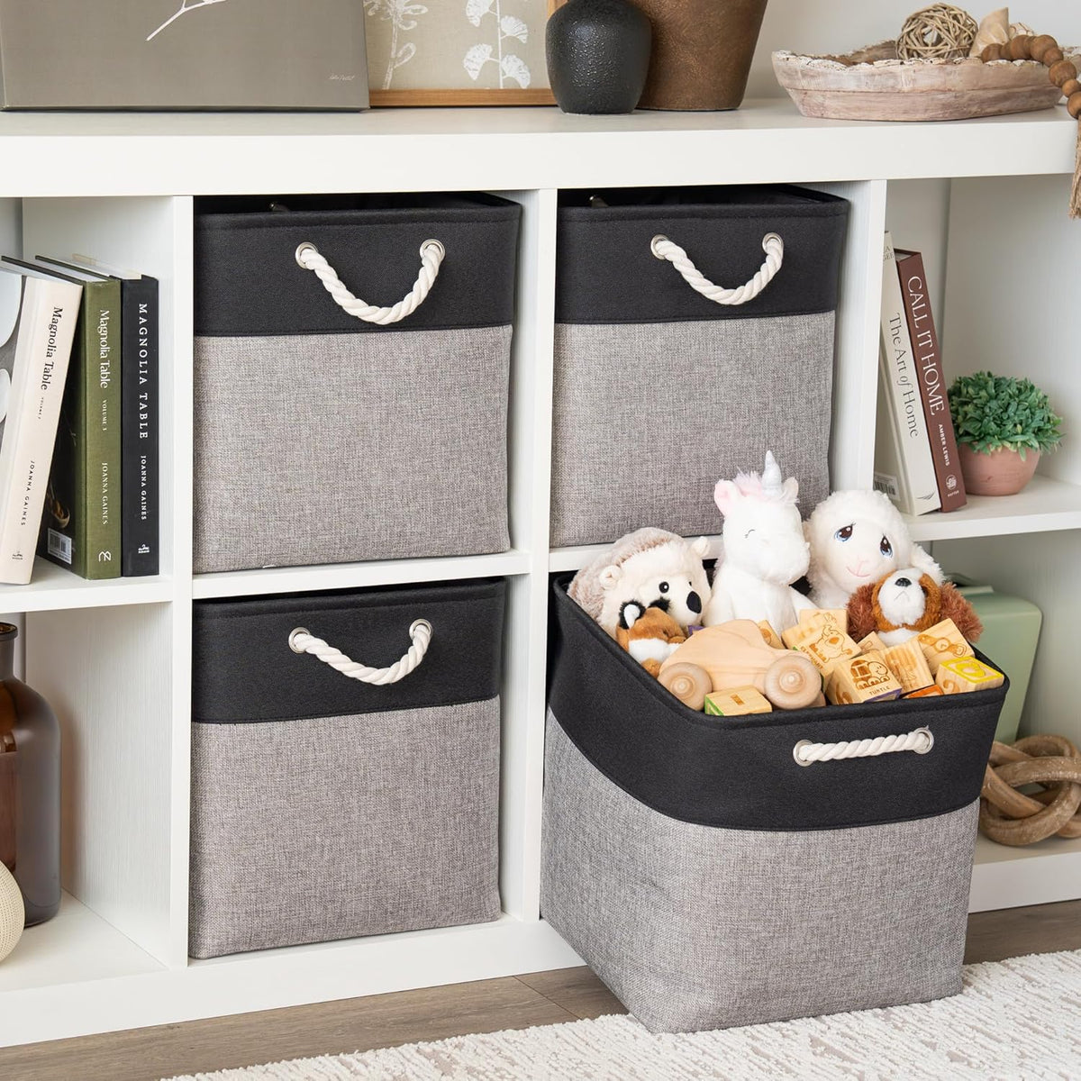 OrganiHaus 13x13 Cube Storage Bins 4 Pack, Foldable Cube Storage Organizer w/ Rope Handles