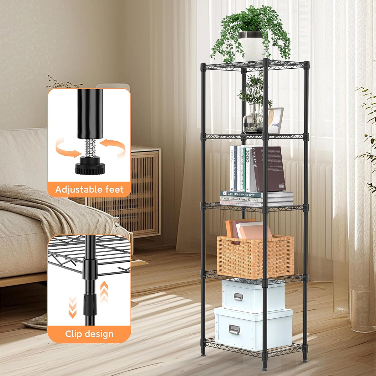 5 Tiers Shelf Metal Storage Shelves Wire Rack Closet Organizers with Wheel for Garage Kitchen