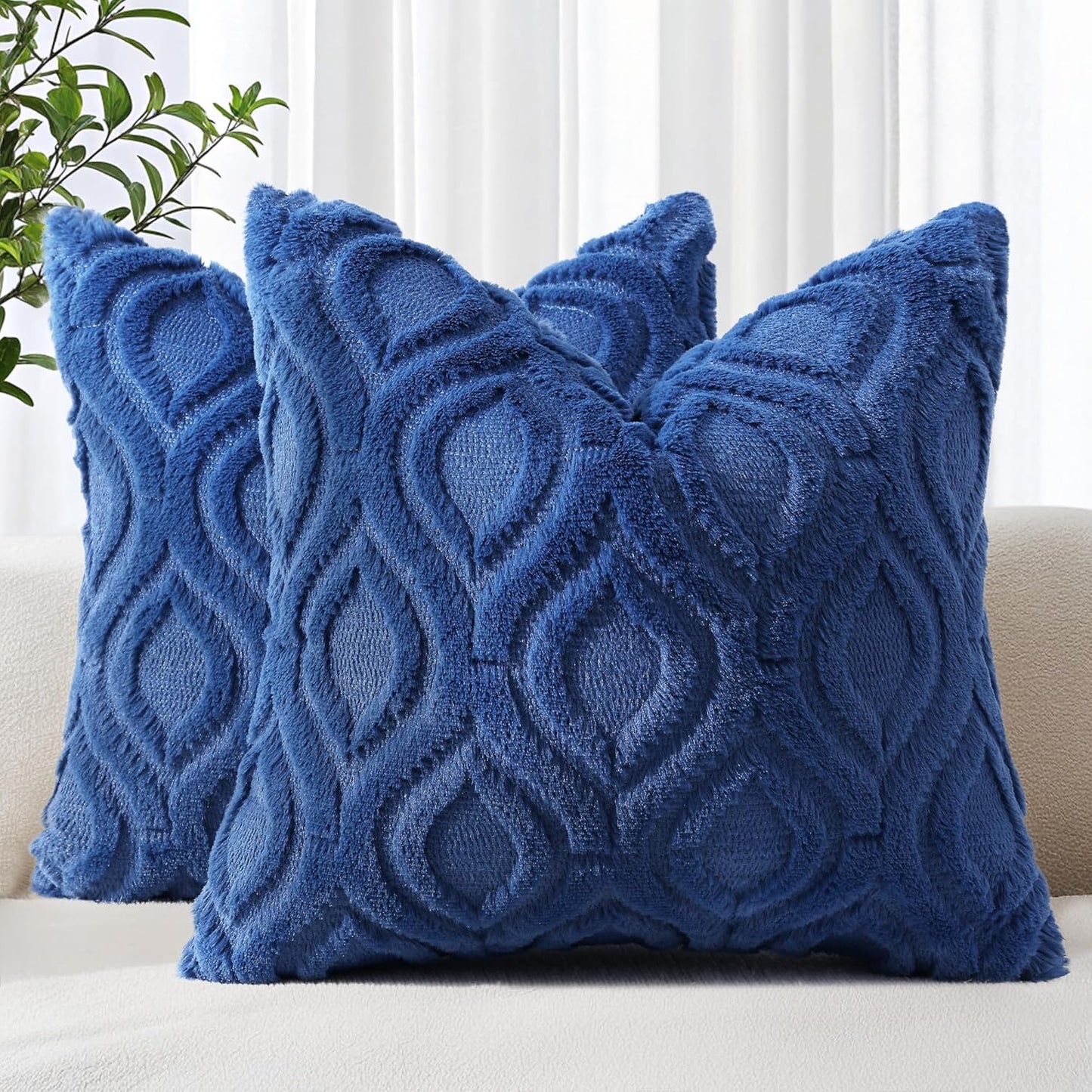 decorUhome Fall Throw Pillow Covers 18x18 Inch Set of 2, Soft Plush Decorative Faux Fur Dark Blue