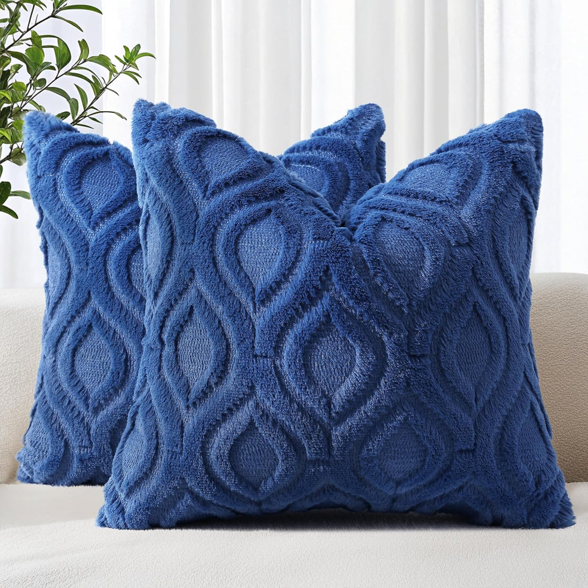 decorUhome Fall Throw Pillow Covers 16x16 Inch Set of 2, Soft Plush Decorative Faux Fur Dark Blue