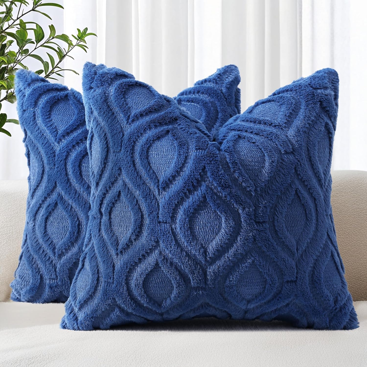 decorUhome Fall Throw Pillow Covers 24x24 Inch Set of 2, Soft Plush Decorative Faux Fur Dark Blue