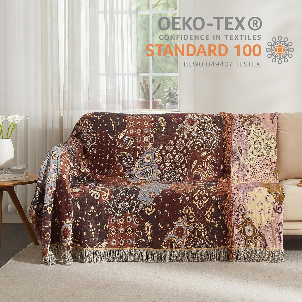 Boho Throw Blanket for Bed 80”x90”, 100% Cotton Woven Blanket for Couch Sofa, Ultra Soft 4-Layer