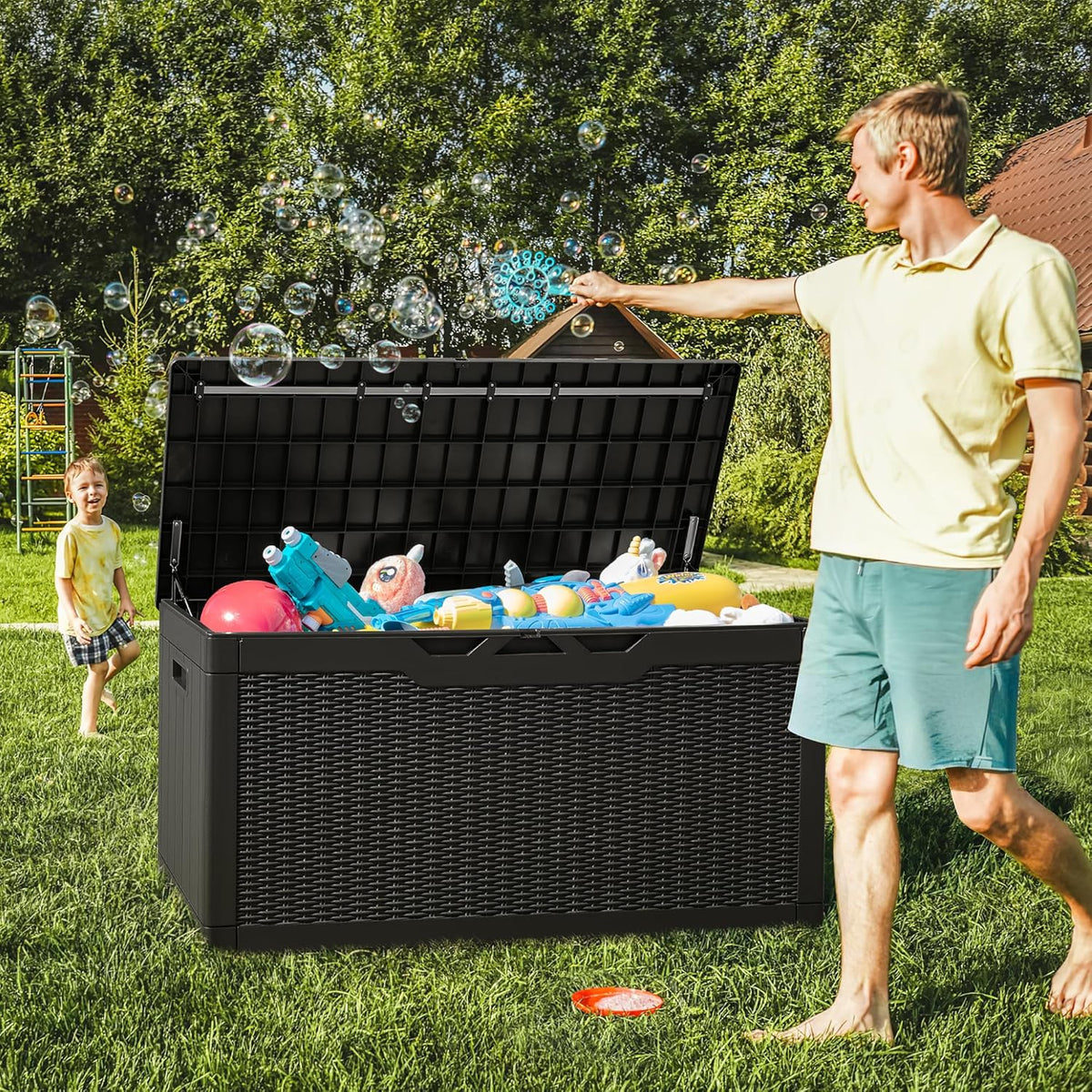 Greesum 100 Gallon Resin Deck Box Large Outdoor Storage with Cushions for Patio Furniture, Garden