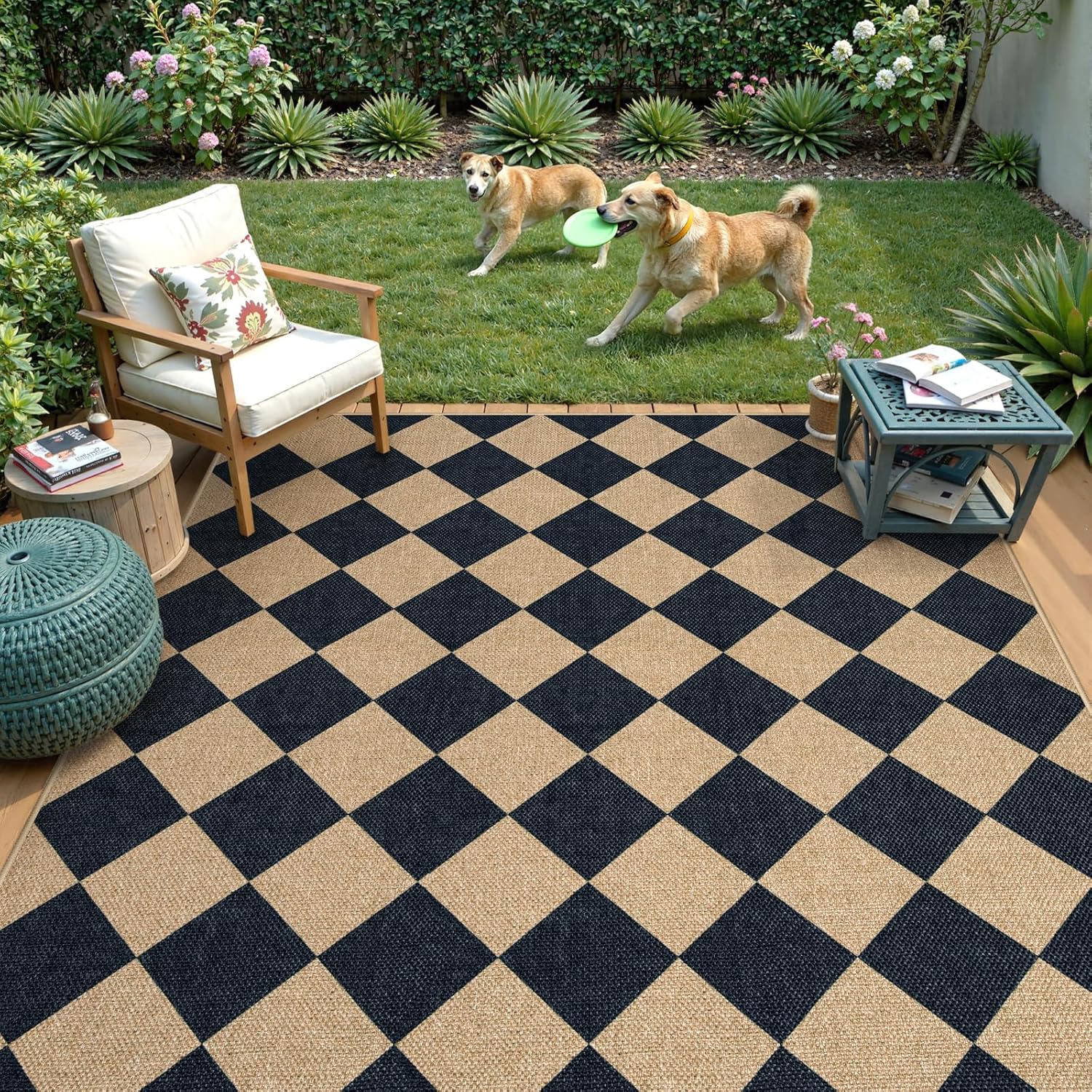 Lahome Checkered Easy Jute 5x7 Area Rugs, Washable Outdoor Patio Rug for Living Room Diamond Indoor