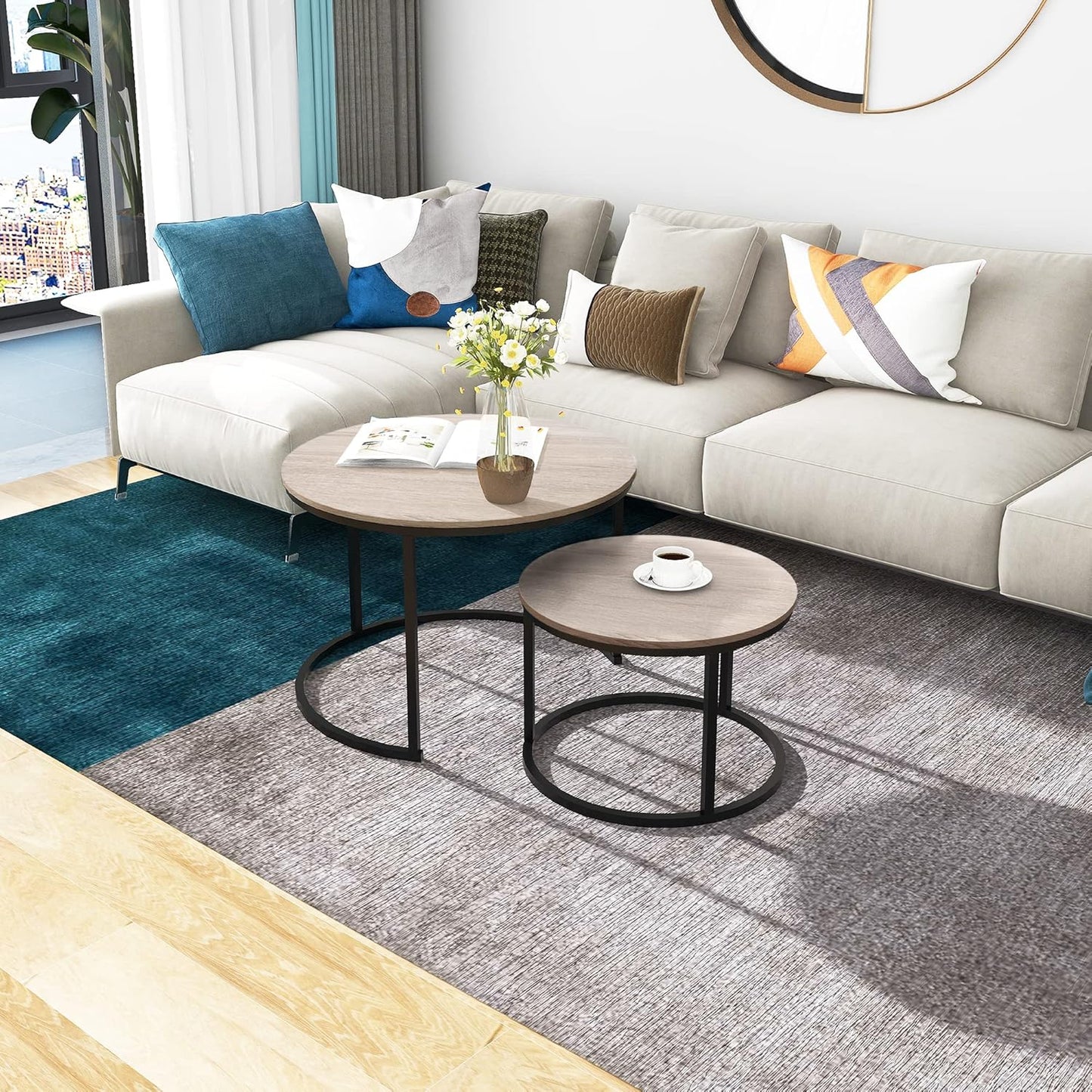 Round Coffee Tables Nesting Side Set of 2 End Tables for Living Room,Round Table with Solid